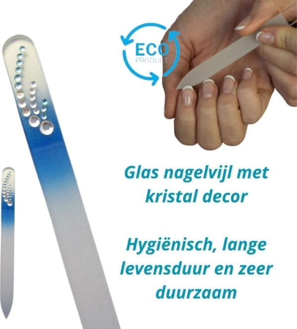 Milano kristal glas nagelvijl - glass nailfile - gaat levenslang mee - blauw met steentjes 76