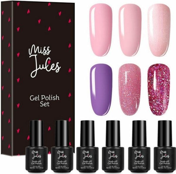 Miss Jules - 6-Delige Gellak Starterspakket - Nagellak - Kleur Paars, Roze & Glitter - Glanzend & Dekkend resultaat