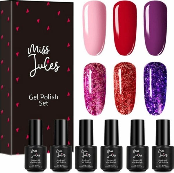 Miss Jules - 6-Delige Gellak Starterspakket - Nagellak - Kleur Rood, Paars & Glitter - Glanzend & Dekkend resultaat