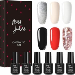 Miss Jules - 6-Delige Gellak Starterspakket - Nagellak - Kleur Rood, Wit, Creme & Glitter - Glanzend & Dekkend resultaat