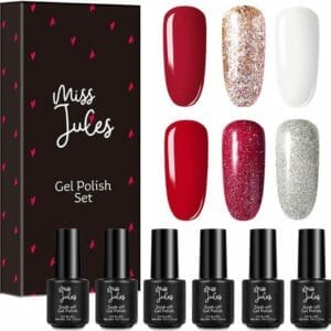 Miss Jules - 6-Delige Gellak Starterspakket - Nagellak - Kleur Rood, Wit & Glitter - Glanzend & Dekkend resultaat