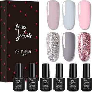 Miss Jules - 6-Delige Gellak Starterspakket - Nagellak - Kleur Roze, Grijs & Glitter - Glanzend & Dekkend resultaat