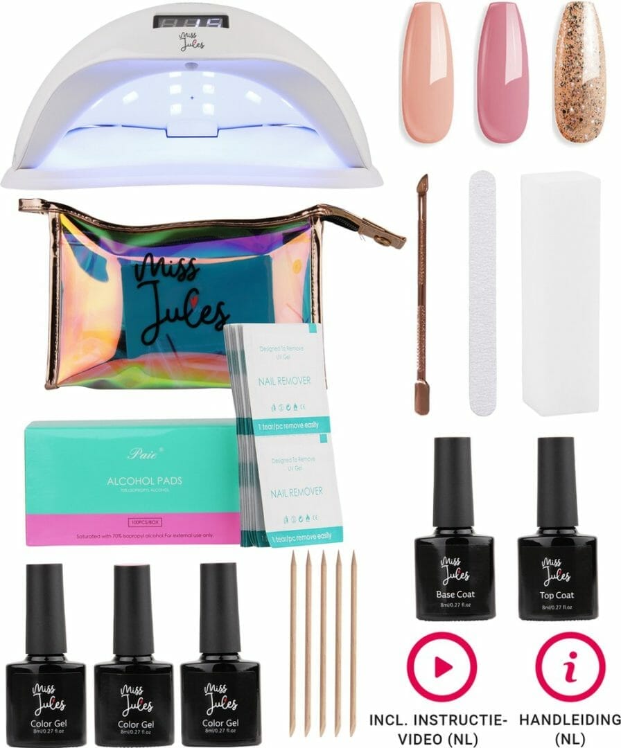 Miss jules - complete gellak starterspakket - kleur nude roze glitter - glanzend & dekkend resultaat - inclusief uv/led lamp & instructievideo (nl) Miss jules - complete gellak starterspakket - kleur nude roze glitter - inclusief uv lamp - glanzend & dekkend resultaat