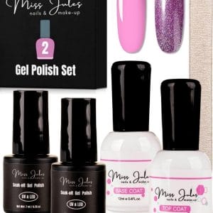 Miss Jules® Complete Gellak Starterspakket - Roze & Lila Glitter - Nagellak - Glanzend en Dekkend Resultaat - Incl. Nagelvijl