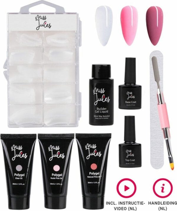 Miss jules® complete polygel kit - polygel nagels starterspakket - clear, nude pink, natural pink - perfecte combinatie gellak & acryl - geschikt voor uv lamp