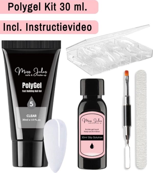 Miss Jules® Polygel Kit 30 ml - Clear - Incl. Slip Solution, Nagelvijl, Nageltips & Duo Penseel