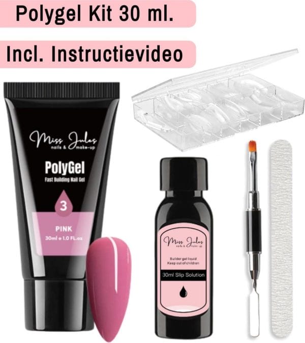 Miss Jules® Polygel Kit 30 ml - Pink - Incl. Slip Solution, Nagelvijl, Nageltips & Duo Penseel
