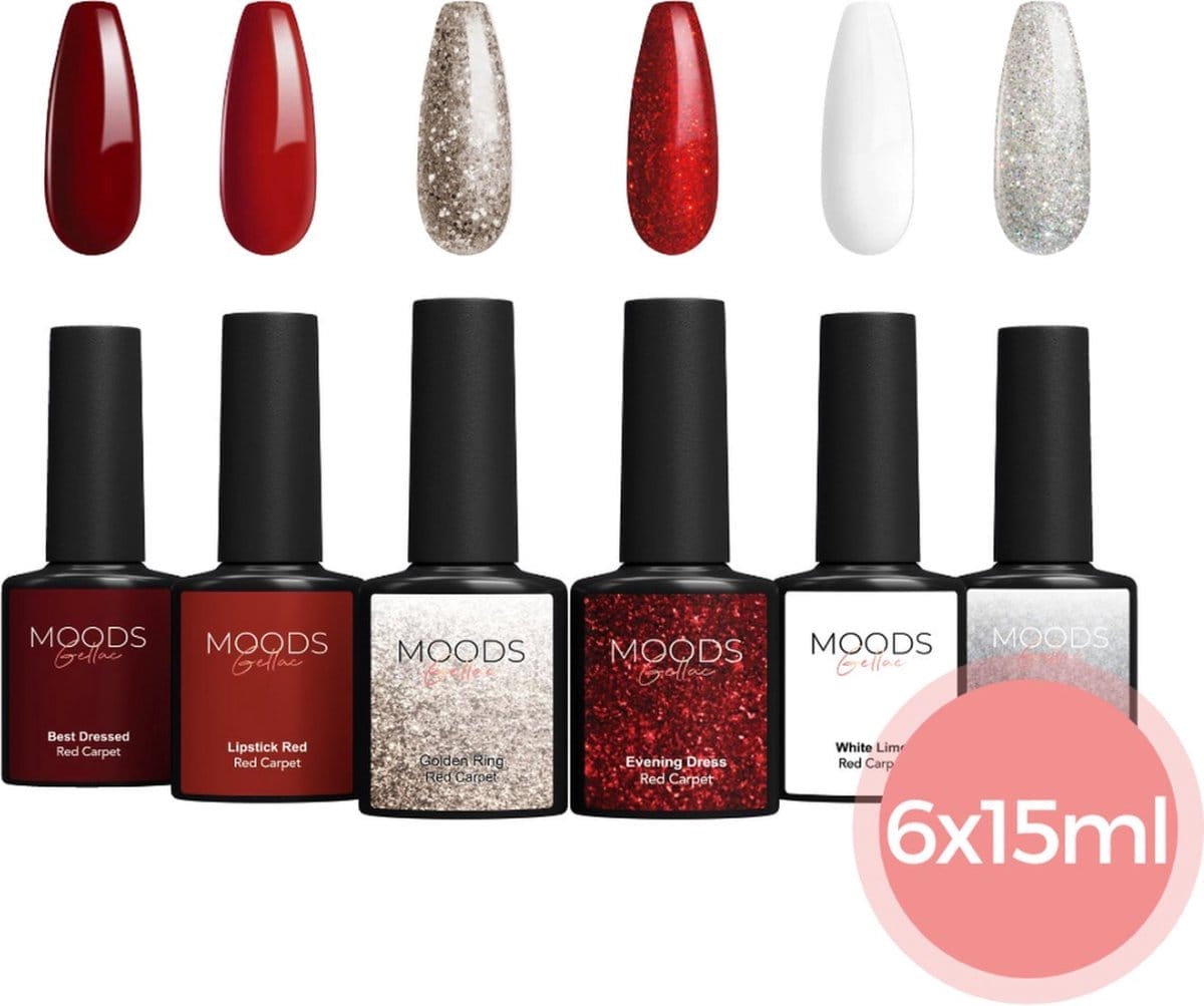 Moods gellac 6-delige set - gel nagellak - 15ml - inclusief nagelvijl en bokkepoot - red carpet edition - gellak - nagels - gellak starterspakket - kerst kleuren Moods gellac 6-delige set - gel nagellak - 15ml - inclusief nagelvijl en bokkepoot - red carpet edition - gellak - nagels - gellak starterspakket - kerst kleuren