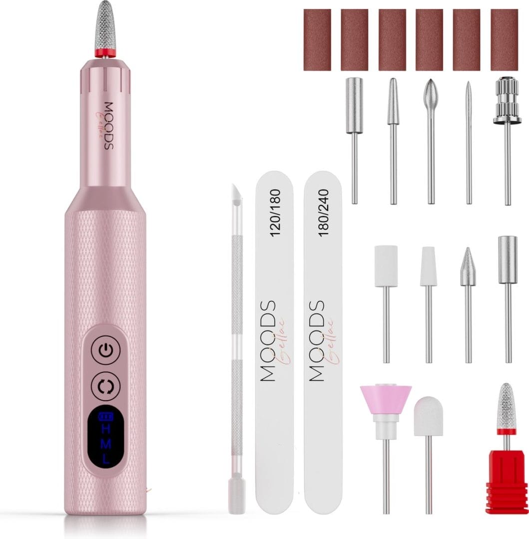 Moods gellac professionele elektrische nagelfrees - 20000rpm - draadloos en oplaadbaar - nagelvijl - manicure & pedicure set - nagelvijl elektrisch Moods gellac elektrische nagelvijl - 20000rpm - roze