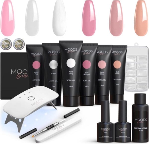 Moods gellac - luxe polygel set - polygel nagels starterspakket - inclusief uv led lamp - 6 kleuren - nude roze