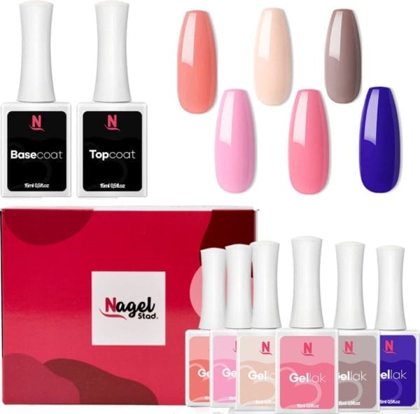 Nagelstad | Gellak Kleuren Collectie Box | 6 Kleuren Gellak (15ml) Inclusief Top / Base Coat (15ml) | Gel Polish | Gelnagels