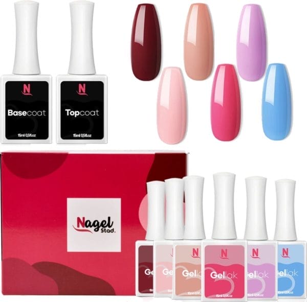 Nagelstad | Gellak Kleuren Collectie Box | 6 Kleuren Gellak (15ml) Inclusief Top / Base Coat (15ml) | Gel Polish | Gelnagels