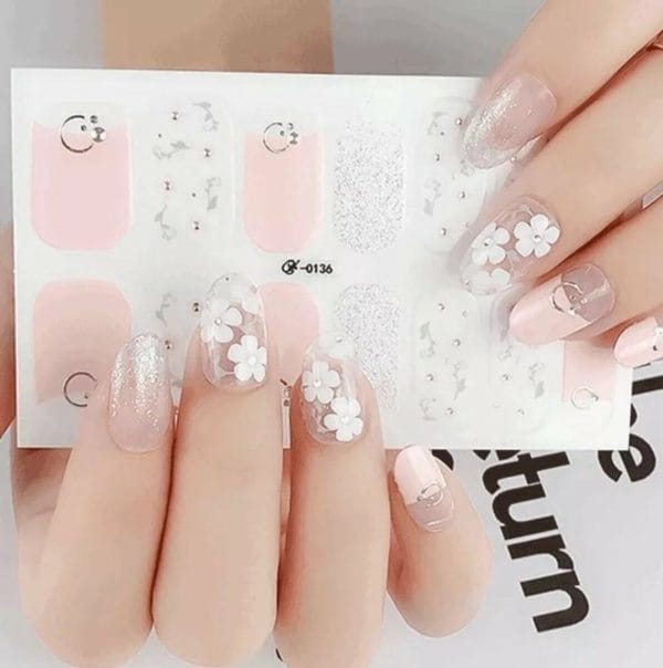 Nagelstickers - roze - madeliefjes met steentjes - nail art tools