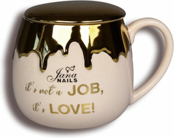 Nagelstyliste mok - mok beige met gouden deksel - mooie design mok - jana nails
