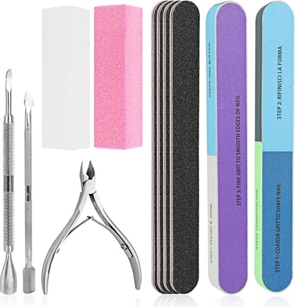 Nagelvijl set, wovte 11 stuks nagelvijlen blok 7 manieren buffer blok buffer blok spons gepolijst, kom met cuticle nipper en pusher voor dode huid nail trimmen manicure gereedschap