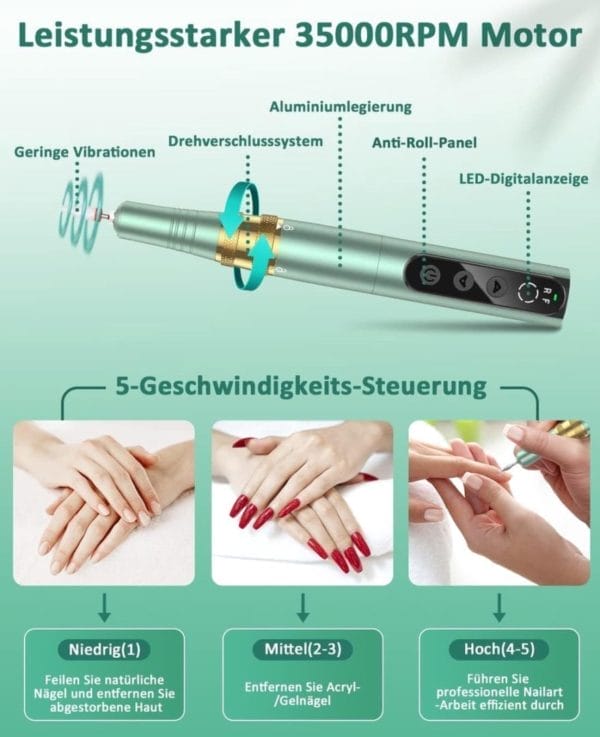 Nagelvijl voor acryl-, gel- en natuurlijke nagels 35,000 rpm