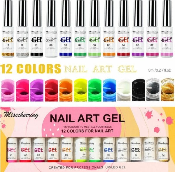 Nail Art Gel - Fine Liner gel - 12 stuks - UV/LED Gel - Gellak - Nagel gellak - UV/LED Lamp - UV/LED Nageldroger - Gelnagels - Nepnagels - acrylnagels - Tekenpenseel nagels - Professioneel - Hoge Kwaliteit