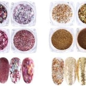 Nail Art Glitter Poeder Set - 2 X 8 Stuks - Goud / Champagne / Zilver & Rosé / Zilver / Roze - Nagel Decoratie Strass Rhinstones