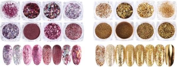 Nail Art Glitter Poeder Set - 2 X 8 Stuks - Goud / Champagne / Zilver & Rosé / Zilver / Roze - Nagel Decoratie Strass Rhinstones
