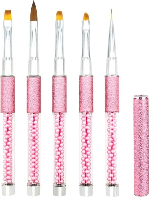 Nail art pen penselen brush set voor gellak gel polish met deksel dop professional 5 stks, liner/acryl/platte/ronde/schuine dun pennen kit with lid fijne borstel tools rose rood