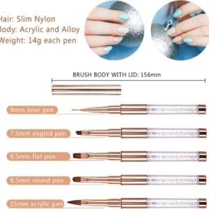 Nail Art Pen Penselen Brush Set voor Gellak Gel Polish met Deksel Dop en Diamand Professional 5 STKS, Liner/Acryl/Platte/Ronde/Schuine Dun Pennen Kit with Lid Fijne Borstel Tools Rose Goud