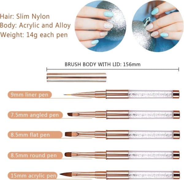 Nail art pen penselen brush set voor gellak gel polish met deksel dop en diamand professional 5 stks, liner/acryl/platte/ronde/schuine dun pennen kit with lid fijne borstel tools rose goud