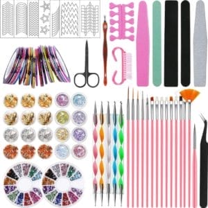 Nail Art Set,Nail Art Decoratie Kit bevat 15 stuks Nail Art Kwasten,12 Potjes Foliestickers,30 Manicuretapes en 2 Sets Nail Art Strassstenen enz DIY Manicure Decoratie Kit,Nail Art Tool Sets