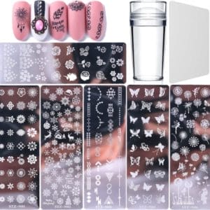 Nail Art platen, 6 stuks sjablonen om nail-art op nagels te stempelen, met 1 x transparante stempel, 1 x schraper, nail-art tool voor vrouwen en meisjes