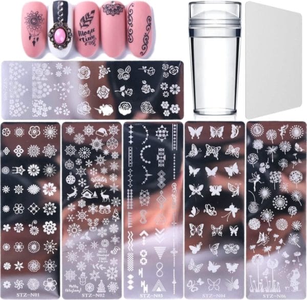 Nail art platen, 6 stuks sjablonen om nail-art op nagels te stempelen, met 1 x transparante stempel, 1 x schraper, nail-art tool voor vrouwen en meisjes