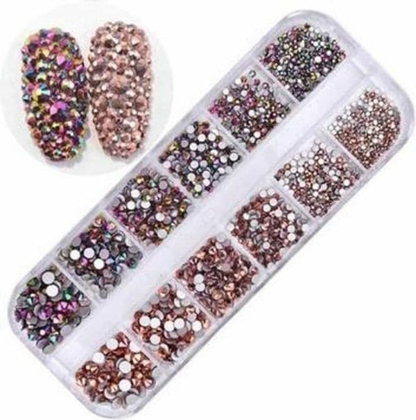 Nail art diamonds/ glitter steentjes bakje 12 stuks rose & multi