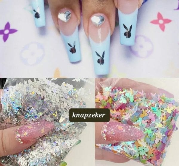 Nail art glitters playboy bunny holographic flakes acrylic accessories decoration + nagelvijl + nagellijm