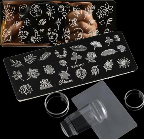 Nail stamping plate duopack met nagelstempel - 36 designs op 2 stempelplaten - nagels stempelen met gezichten en monstera bladeren - kerstcadeau tip