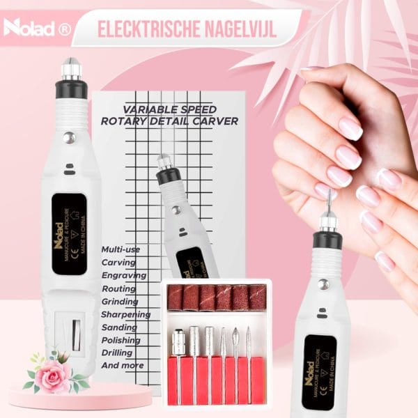 Nolad® | elektrische nagelvijl | nagelvijl met freesjes en rolletjes | 6 bitjes | voor acryl-, gel- en natuurlijke nagels | professionele manicure en pedicure set | wit