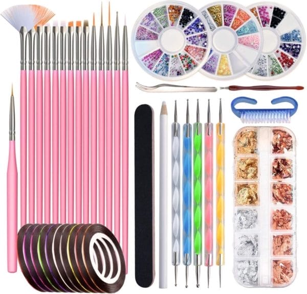 Penseel voor gelnagels, 50 stuks gelnagelaccessoires bevat 15 stuks nail art kwasten, 12 potjes foliestickers, 10 manicuretapes, 5 punteerstiften en 3 sets nail art strassstenen