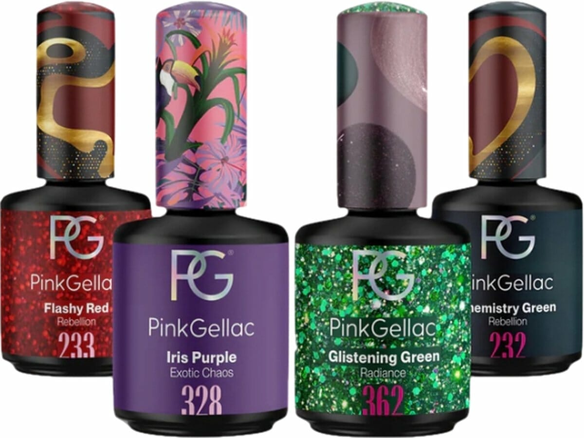 Pink gellac gellak set met 4 x 15ml kleuren - 233 flashy red - 328 iris purple - 362 glistening green - 232 chemistry green - gel nagellak