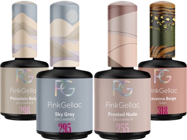 Pink gellac gellak set met 4 x 15ml kleuren - 298 porcelain beige - 295 sky grey - 255 frosted nude - 318 savanna beige - gel nagellak