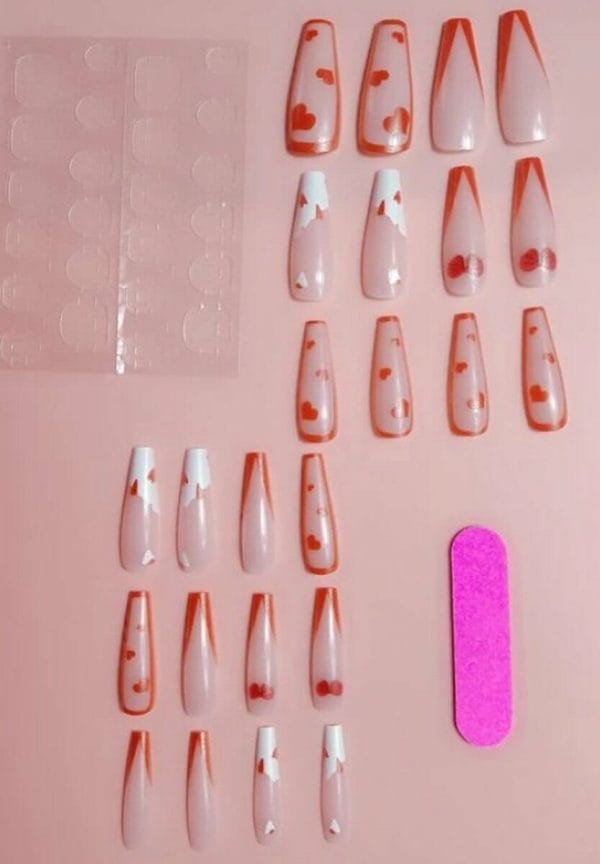 Plaknagels - Kunstnagels - Rood en Wit - met nagelvijl - zonder nagellijm - zelfklevende nagels - Hartjes - Coffin nails