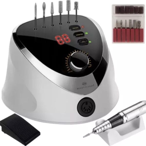 Playos® - nagelfrees - wit - inclusief bitjes - 35. 000 rpm - voetpedaal - snelheidsregeling - draairichting tweezijdig - nagelfreesmachine - manicure en pedicure - nagelfrees machine - elektrische nagelvijl