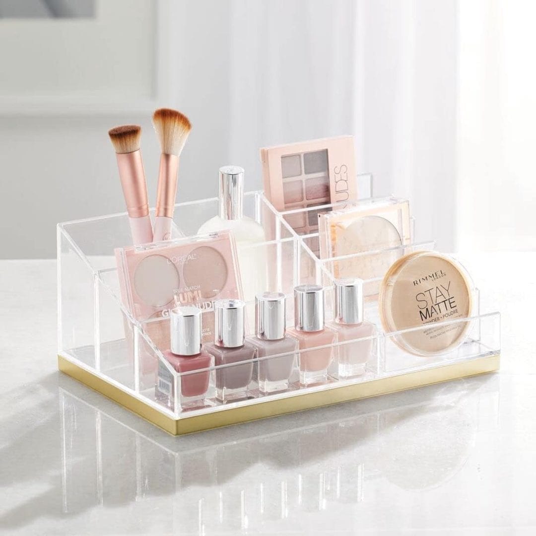 Praktische cosmetica-organizer, decoratieve cosmetica-opbergdoos voor nagellak en poeder, plank met 10 vakken voor het bewaren van make-up, doorzichtig/goudkleurig Praktische cosmetica-organizer, decoratieve cosmetica-opbergdoos voor nagellak en poeder, plank met 10 vakken voor het bewaren van make-up, doorzichtig/goudkleurig