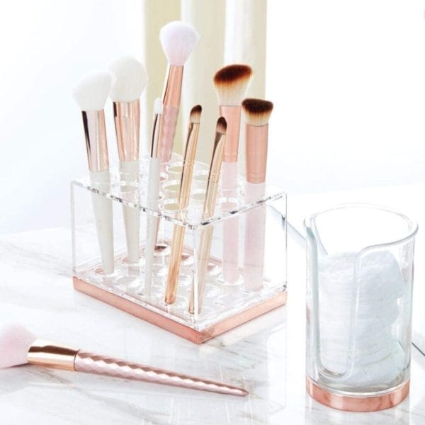 Praktische cosmetische opbergdoos - decoratieve cosmetische opbergdoos voor mascara en lippenstift - 15 vakken voor make-upopslag - transparant/roségoud