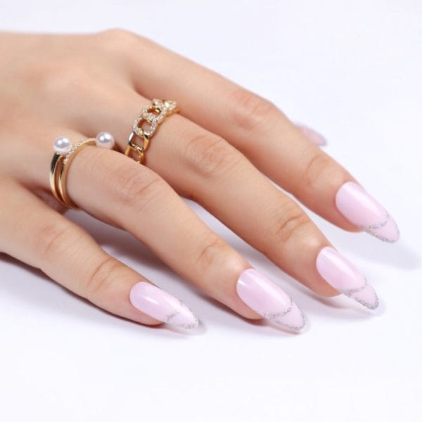 Press-on nail - serena - naturel- glitter- zilver- plaknagels-trendy-ovaal medium