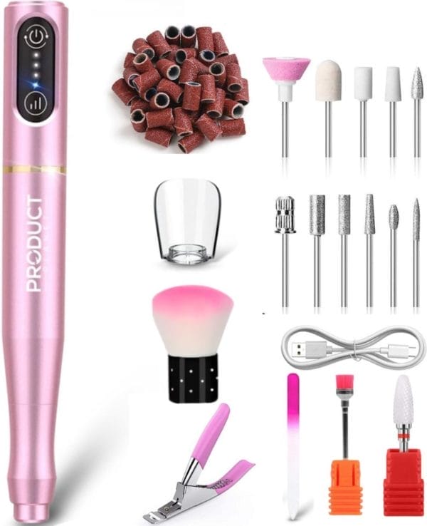 Productplanet® draadloze elektrische nagelvijl pro - nagelfrees - 12 bitjes & 100 schuurrolletjes - 5 accessoires - roze - moederdag cadeautje