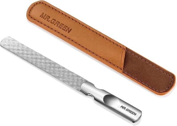 Professionele metalen nagelvijl voor heren met etui van echt leer, dubbelzijdige nagelvijl met antislip handgreep voor dames, kinderen, nagels, voet en hand'