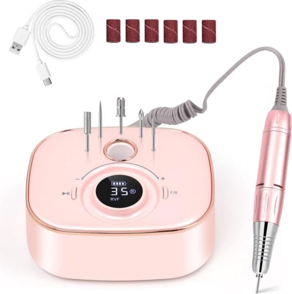 Professionele nagelboor 35. 000 omw/min, draagbaar, oplaadbaar, met led-display en 6 slijpopzetstukken voor manicure, krachtig, stil voor salon/thuis (roze)