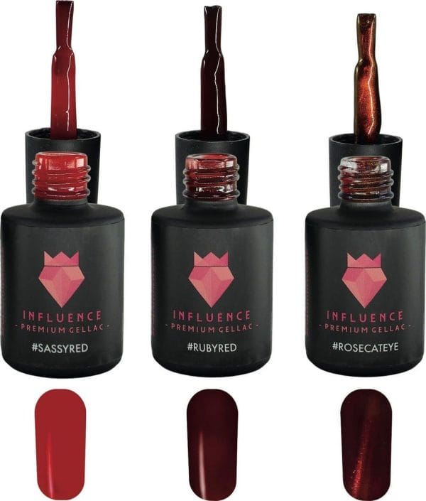 #redserie - influence gellac - uv / led gellak - gel nagellak - gel lak - rood / donker rood / bordeaux / glitter - magneet - startersset - 3 x 10 ml