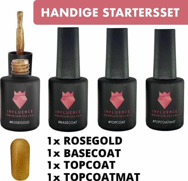 #rosegoldserie - influence gellac - uv / led gellak - gel nagellak - gel lak - kerstcadeau - kerstkado vrouw - basecoat - topcoat - topcoatmat - no wipe - goud / transparant - startersset - 4 x 10 ml