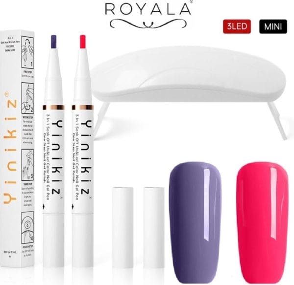 Royala 08 gellak one step gel polish pen - 2 kleuren /pennen - incl. Mini uv lamp - geen base of top coat nodig - gel nagellak kit - nepnagels - gel nagellak