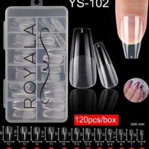 Royala 102 - Ballerina Coffin Medium Half Frosted - Full Cover - Nageltips - Nepnagels - Plaknagels - In Assortimentsbox - 120 stuks 12 maten - Voor Gellak Acrylnagellak en PolyGel nagels - Royala Frosted Tips Line