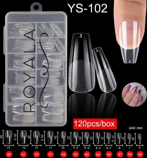 Royala 102 - ballerina coffin medium half frosted - full cover - nageltips - nepnagels - plaknagels - in assortimentsbox - 120 stuks 12 maten - voor gellak acrylnagellak en polygel nagels - royala frosted tips line