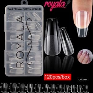 Royala 102. - Ballerina Coffin Medium Half Frosted - Full Cover - Nageltips - Nepnagels - Plaknagels - In Assortimentsbox - 120 stuks 12 maten - Voor Gellak Acrylnagellak en PolyGel nagels - Royala Frosted Tips Line